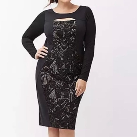 Lane Bryant Long Sleeve Dress Front Cutout Sequins Front Black Size 28 - Picture 1 of 13